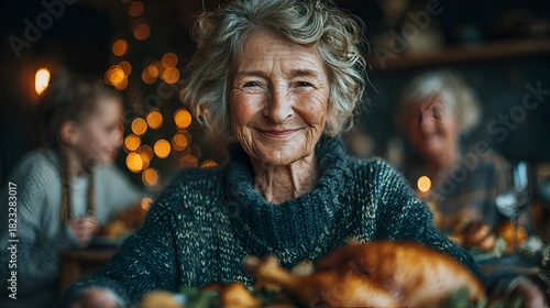 A smiling elderly woman with wrinkled skin celebrates a warm holiday meal with family members in a cozy and festive decorated home setting.