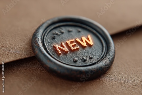 Elegant wax seal with the word new on a brown envelope, symbolizing fresh beginnings and important messages