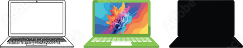 Laptop Computer Icon Set with Colorful Abstract Wallpaper - Outline, Color, and Silhouette Vector