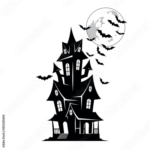 A gothic mansion silhouette against a full moon, with bats flying through the night, creating a spooky halloween scene.