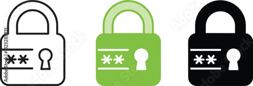 Padlock with Password or PIN Entry Icon Set - Outline, Color, and Silhouette Vector