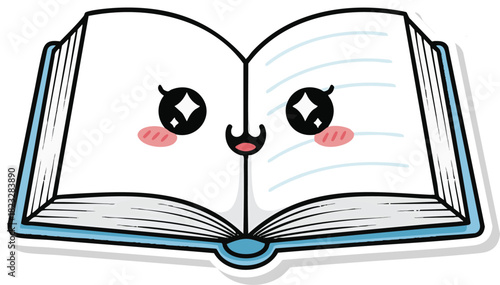 Kawaii Open Book Character Vector Illustration Cute Doodle Design with Sparkling Eyes Blue White Pink