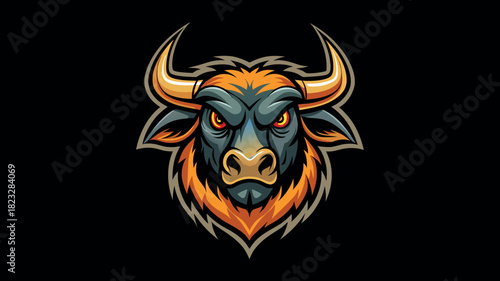 Fierce bull head with red mane and glowing eyes