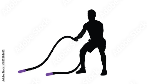 Silhouette of a man exercising with battle ropes fitness training for strength and endurance isolated on white background