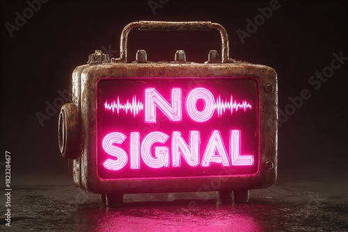 Vintage TV set with bright neon no signal sign displayed in a dark, moody setting