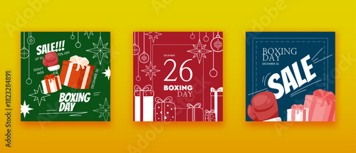 Boxing day vector square banners set. Bright holiday sale announcement template. Cute Christmas design. Many ornaments, gift boxes icons, big red mitten. Festive social media post. Funny simple design