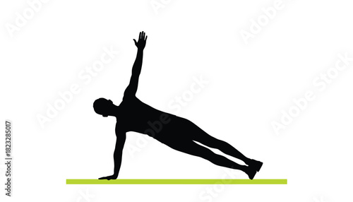 Silhouette of a man in side plank pose a illustration for fitness and yoga concepts isolated on white