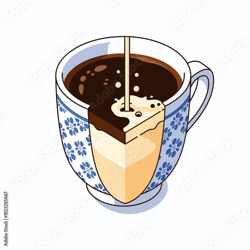 A captivating isometric illustration reveals a cross-section of a patterned cup, showcasing distinct layers of dark coffee and creamy dairy being poured.