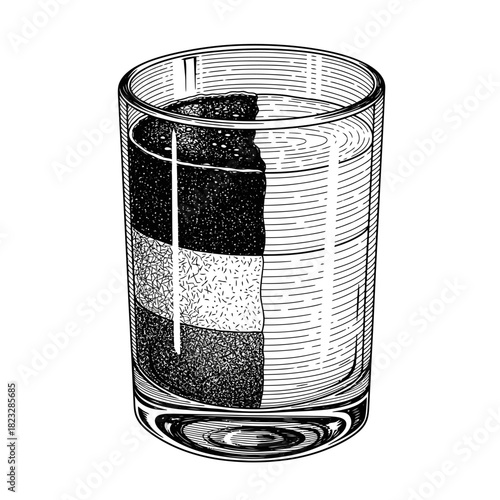 This intricate black and white hand-drawn illustration captures a beautifully layered shot glass, perfect for vintage cocktail menus or beverage designs.