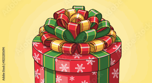 Holiday Gift Box Vector Illustration with Festive Red Green Gold Bow and Snowflakes Christmas Design