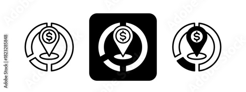 Market Positioning  Solid color and black line drawing vector illustration set