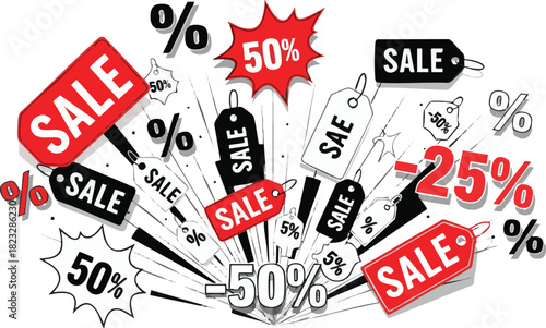 Promotional Vector Background with Sale Tags Discount Percentages and Explosion Burst in Red Black White Modern Style