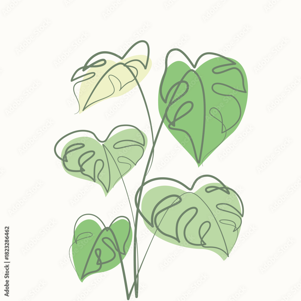 Obraz premium Monstera Plant one line drawing. Monstera Plant single line illustration. Monstera Plant minimalist line art