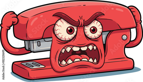 Illustration Vector Angry Red Stapler Character Mascot Cartoon Style Office Humor Design