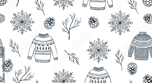 Pattern Hand Drawn Winter Sweater Snowflake Pine Cone Bare Branch Seamless Vector Design Dark Blue White Monochrome