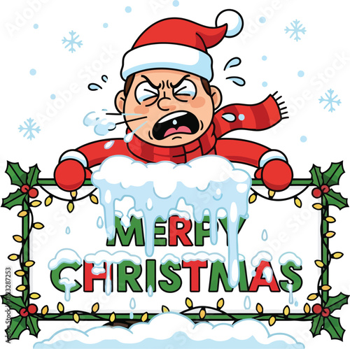 Cartoon man in winter clothes holding a merry christmas sign with snow falling editable vector format for creative use