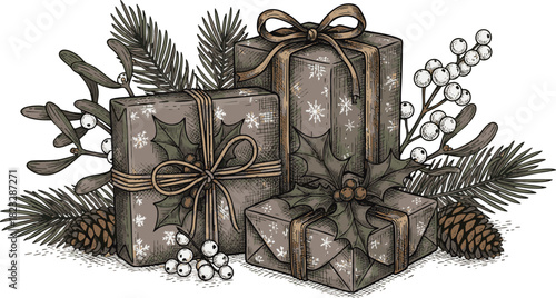 Vintage Christmas Vector Illustration of Holiday Gifts Holly Mistletoe Pine Cones Hand Drawn Style Muted Colors