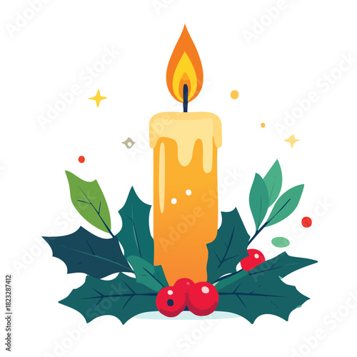 A festive illustration of a lit yellow candle with dripping wax, surrounded by green holly leaves and red berries, with small stars.