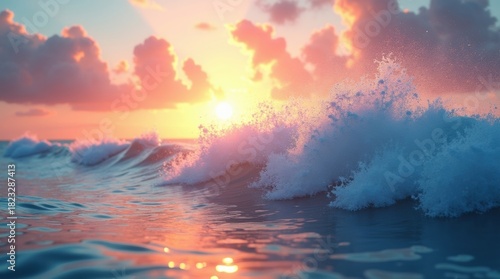 Fototapeta Naklejka Na Ścianę i Meble -  Dramatic ocean wave crashing at sunset with colorful sky