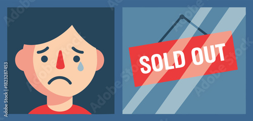 A cartoon of a crying person looking at a sold out sign in a store window flat minimal vector design layout