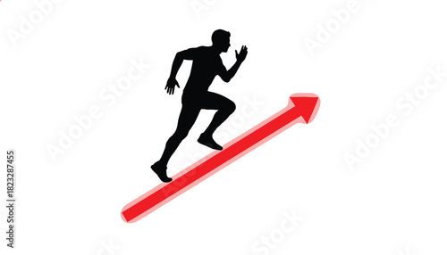 Silhouette of a man running up a red arrow symbolizing career growth and success isolated on white background