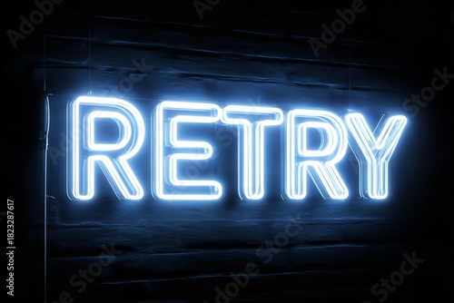 Bright blue neon sign displaying the word retry glowing against a dark background as night settles in