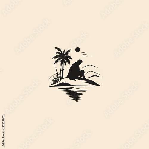 vintage engraving illustration depicting a robed, solitary figure sitting on the shore or desert sand beside a single palm tree, gazing at the distant landscape