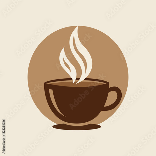 Hot Coffee Cup Steam Brown Circle Cafe Restaurant Breakfast Morning Drink Vector logo template