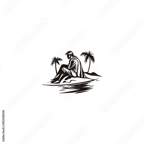 vintage engraving illustration depicting a robed, solitary figure sitting on the shore or desert sand beside a single palm tree, gazing at the distant landscape