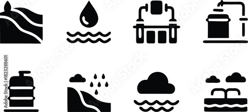 Water Resource Management Icon Set – Full Black Outline Silhouettes