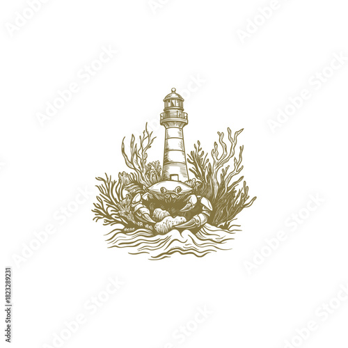 vintage engraving illustration, depicting a large crab at the base of a tall lighthouse, surrounded by marine coral and seaweed