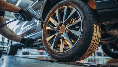 Mechanic's hands using an impact wrench to service a car wheel in an auto repair shop, highlighting professional vehicle maintenance, concept for automotive industry, car repair and workshop services.