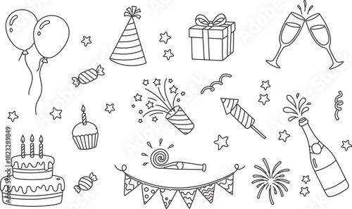 Hand-drawn doodle outline icons for celebration and party elements