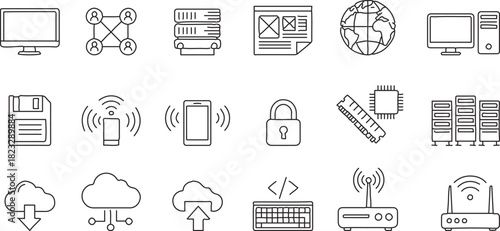 Computing, networking, and internet technology outline icons collection