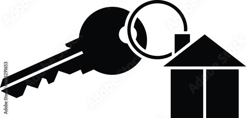 Black house key with keyring and house-shaped keychain silhouette, security concept, home ownership, real estate symbol, isolated vector illustration