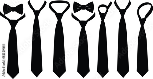 Black necktie and bow tie silhouettes, isolated formal wear icons, fashion accessory design, vector illustration set, clothing element, business style template