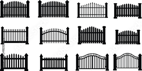 Black silhouette fence vector set, decorative metal and wooden gates, garden and property barrier design elements for architectural illustrations