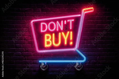 Bright neon sign warns against impulse purchasing in a modern urban shop at night