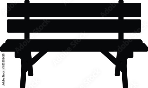 Black silhouette of wooden park bench front view isolated on white background, classic outdoor seating, empty public bench, vector illustration