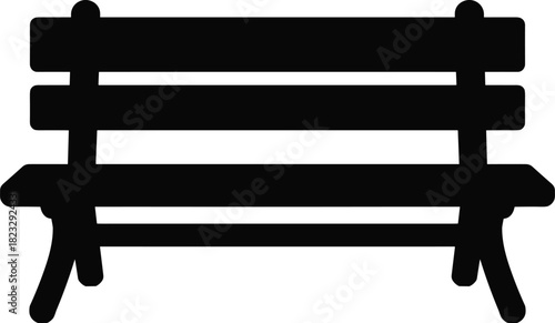 Black silhouette of wooden park bench isolated on white background, empty outdoor seating, classic public bench design, vector illustration