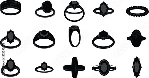 Black silhouette ring icons, jewelry design symbols, gemstone band illustrations, engagement ring clipart, wedding fashion vector set, diamond accessory collection, luxury