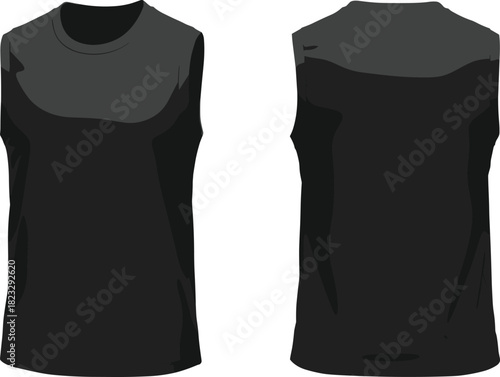 Black sleeveless shirt front and back view, fashion flat sketch, technical apparel design, vector template, cad drawing flat vector illustration