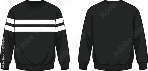 Black sweatshirt fashion sketch, white chest stripes, ribbed cuffs and hem, front and back view, CAD drawing, flat vector illustration