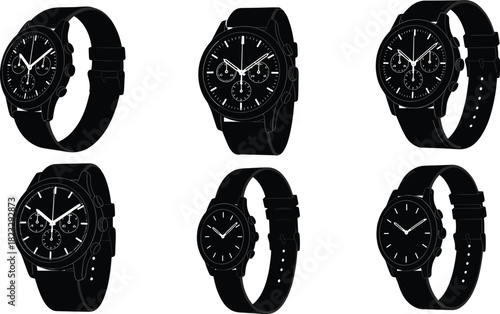 Black wristwatch collection with chronograph and minimalist designs, stylish men’s fashion accessory, modern timepiece, luxury watch, casual and formal wear illustration