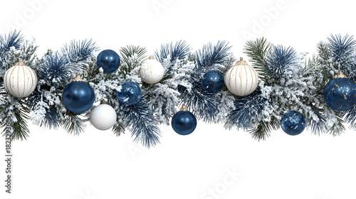 Frosty pine garland with baubles isolated on white background - Christmas garland with blue and white ornaments