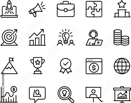 Business icons set, startup, marketing, analytics, teamwork, money growth, target, success, finance, achievement, innovation, leadership, global business