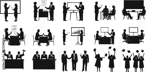 Business meeting silhouettes, professional discussion, teamwork collaboration, office presentations, formal negotiation, corporate handshake, courtroom trial, 