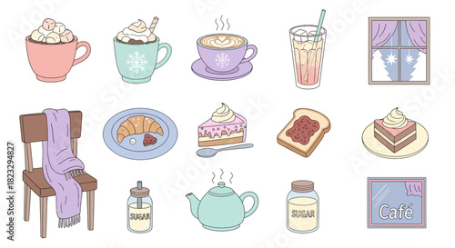 A charming collection of hand-drawn cozy cafe illustrations featuring coffee, tea, pastries, and decor in soft pastel colors.