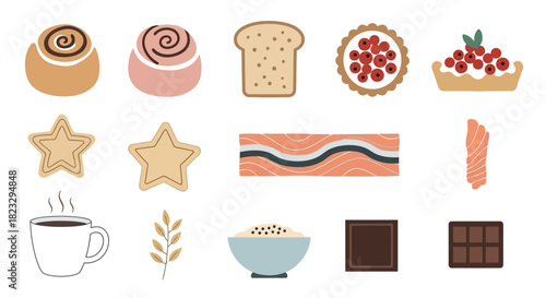 Assortment of various baked goods and food items, including pastries, bread, and salmon.