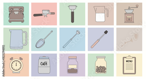 A collection of coffee-related illustrations, including a machine, grinder, and various tools, arranged in a grid.